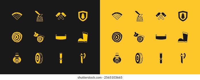 Set Shield with tree, Tree rings, Two-handed saw, Chisel tool, Hand log, Crossed hammer, Wooden beam and axe stump icon. Vector