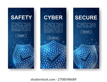 Set of shield vertical banners. Antivirus low poly symbols for vertical advertising banners template. Internet safety design illustration