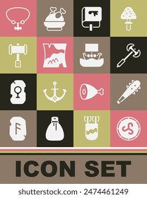 Set Schild Wikinger, Mace mit Spikes, Mittelalterliche Poleaxe, Wikinger Buch, gefaltete Karte, Kampfhammer, Halskette Edelstein und Schiff Drakkar Ikone. Vektorgrafik