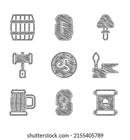 Schildkröte, Zauberfleck, Dekret, Pergament, Scroll, mittelalterliche Speere, Holzbierschmuck, Schlachthammer, Champignon und Lauf-Ikone. Vektorgrafik