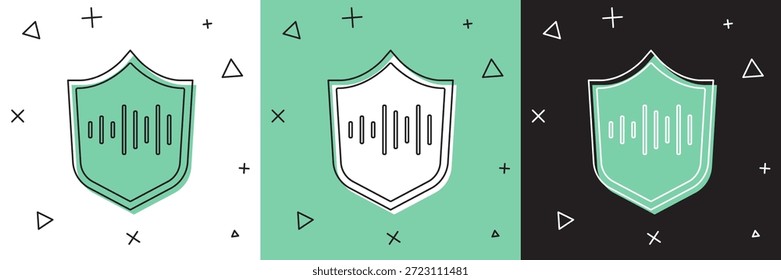 Conjunto de icono de reconocimiento de voz de escudo aislado en blanco y verde, fondo negro. Autenticación de acceso biométrico de voz para el reconocimiento de identidad personal.  Vector