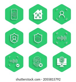 Ajuste el reconocimiento de voz Escudo, la huella digital de rechazo, el monitor con, la voz, la protección del usuario, el icono de exploración facial y móvil. Vector