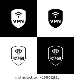 Set Shield with VPN and wifi wireless internet network symbol icons isolated on black and white background. VPN protect safety concept. Vector Illustration