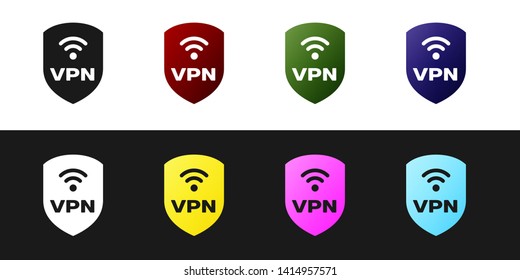 Set Shield with VPN and wifi wireless internet network symbol icon isolated on black and white background. VPN protect safety concept. Vector Illustration