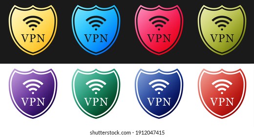 Establezca Shield con un icono de red inalámbrica VPN y WiFi aislado en color blanco y negro. VPN protegen la seguridad. Red privada virtual para la seguridad. Vector.