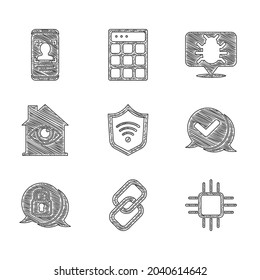 Set Shield mit WiFi Wireless, Kettenlink, Prozessor-MikrokreislaufCPU, Prüfzeichen-Sprechblase, Cyber-Sicherheit, House-eye-Scan, System-Fehler und Mobile- und Gesichtserkennungssymbol. Vektorgrafik