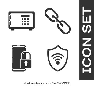 Set Shield mit WiFi Wireless Internet Netzwerk, Safe , Smartphone mit geschlossenem Vorhängeschloss und Kettenverbindungssymbol. Vektorillustration
