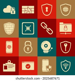 Set Shield with WiFi wireless internet network, key, FTP folder and lock, keyhole, Safe, cyber security brick wall, Cloud computing and Chain link icon. Vector