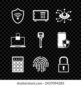 Set Shield with WiFi wireless internet network, Safe, Eye scan, Password protection and safety access, Fingerprint, Lock, Laptop lock and Key icon. Vector