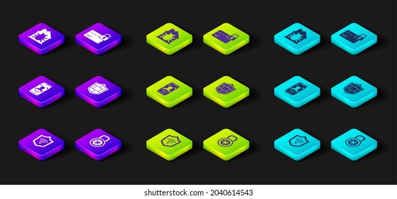 Set Shield con WiFi inalámbrico, bloqueo de combinación de Safe, reconocimiento móvil y facial, pared de ladrillo, tarjeta de crédito e icono de fallo del sistema House. Vector