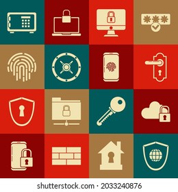 Set Shield with world globe, Cloud computing lock, Door handle, Lock on computer monitor screen, Safe, Fingerprint, and Smartphone fingerprint scanner icon. Vector