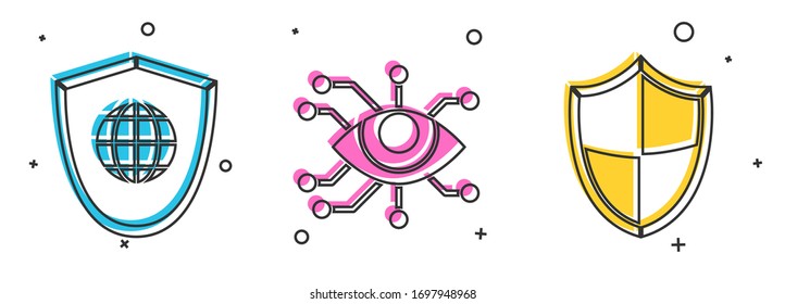 Ajuste Blindaje con globo mundial, escáner ocular e icono Escudo. Vector