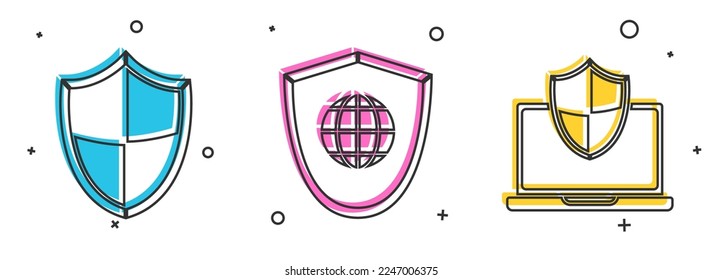 Set Shield , Shield with world globe  and Laptop protected with shield icon. Vector