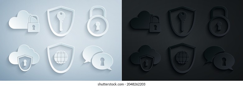 Set Shield with world globe, Lock, Cloud and shield, Protection of personal data, key and computing lock icon. Vector