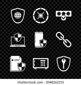 Set Shield with world globe, Safe, Password protection and safety access, Document concept, key, Laptop protected shield and Smartphone security icon. Vector