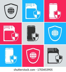Set Shield with world globe , SD card and shield  and Smartphone with security shield  icon. Vector