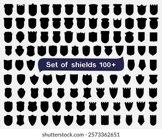 Set of shields 100+. Shield logo, blank, heraldic, protection, quality, shield icon, line, outline, background, white, shape, frame, illustration, graphic, vector, security, privacy, guarantee, isolat