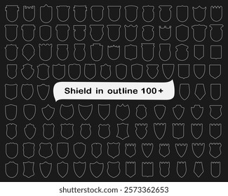 Set of shields 100+. Shield logo, blank, heraldic, protection, quality, shield icon, line, outline, background, white, shape, frame, illustration, graphic, vector, security, privacy, guarantee, isolat