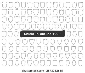 Set of shields 100+. Shield logo, blank, heraldic, protection, quality, shield icon, line, outline, background, white, shape, frame, illustration, graphic, vector, security, privacy, guarantee, isolat