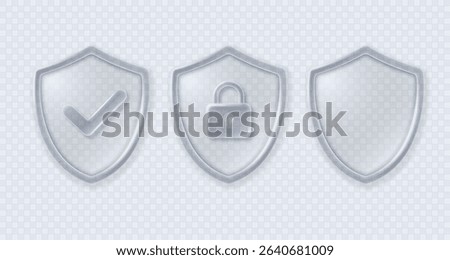 Set of shields with approval check mark and closed padlock in transparent glass style. Vector 3d illustration.