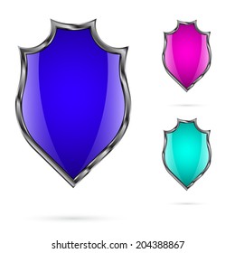 Set of shields bright colors which is placed on a white background. Vector illustration.