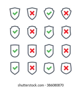 Set of shields with checkmark symbol in flat design style isolated on a white background. Vector web icons
