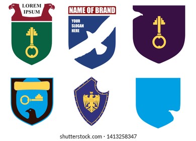 Set of shields for emblem or logo containing keys and eagles. Vector.