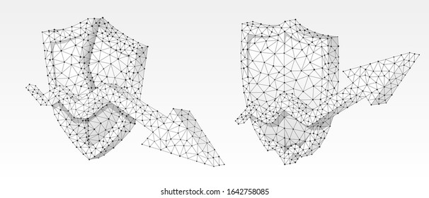 Set of shields with growth and downtrend arrows on it. Low poly, wireframe 3d vector illustration. Protection of the money flow, concept art. Abstract polygonal image on a white origami background
