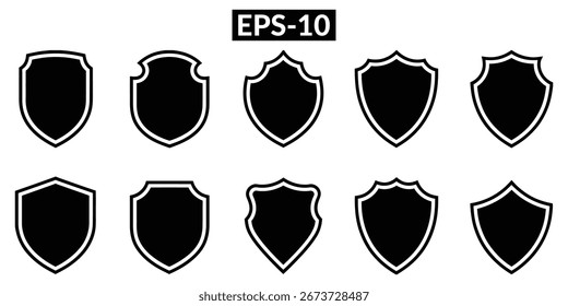 Ícone Conjunto de escudos. Ícone de escudo vetor estilo na moda plana. Sinal de vetor de escudo básico