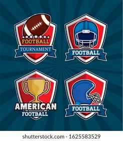 set of shields with icons of american football vector illustration design
