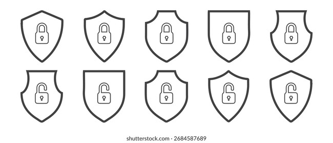  Set of shields with locked Outline icon. Security Icons . showing locks shields. Outline Cybersecurity icon set featuring locks, shields, and warning signs.