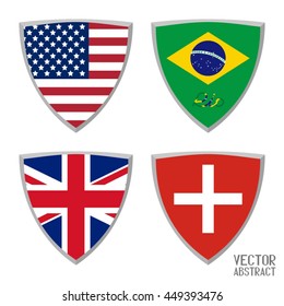 Set of Shields with the National Flag.  Poster in a Flat Style. Vector Illustration