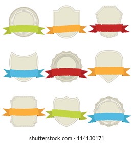 set of shields, plaques and badges with torn paper ribbons isolated on white