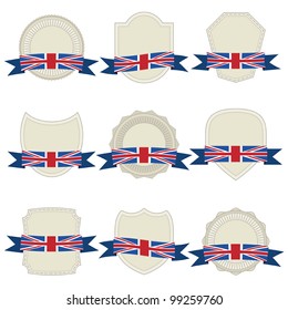 set of shields, plaques and badges with union jack ribbons, isolated on white