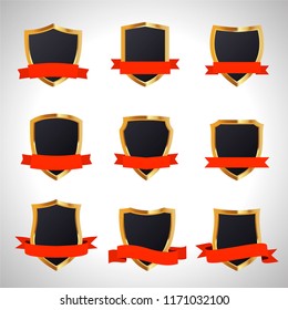 Set of shields with red banners. Vector illustration. Eps 10.