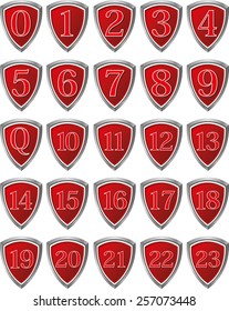 Set of shields in red with digits and numbers. Vector illustration