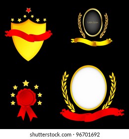 Set of shields, red ribbons and golden laurel wreaths. Isolated On Black Background.
