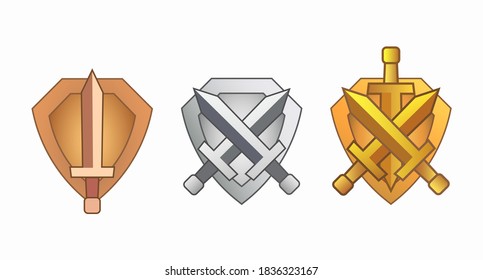 A set of shields with swords on them, symbolizing the level of difficulty in games. Toy shields isolated on a white background. Vector illustration