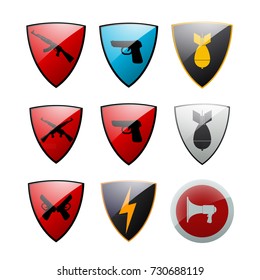  Set of shields with symbol. Outline shield badge.