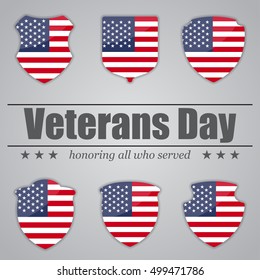 Set of shields with USA flag inside for Veterans Day. Vector illustration