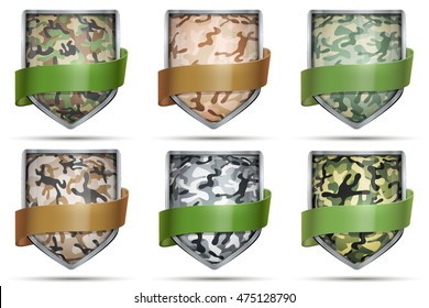 Set of Shields with Various Camouflage. Editable Vector Illustration isolated on white background.