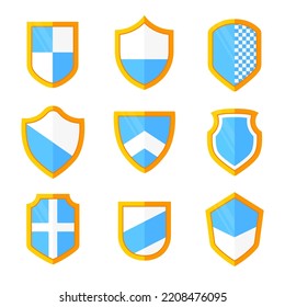 Set Of Shields Of Various Shapes - Modern Realistic Clip Art. Knights Coats Of Arms And Heraldry. Historical Accessories, Family Heirlooms Of Different Forms In Blue And Yellow Color. Heritage Idea