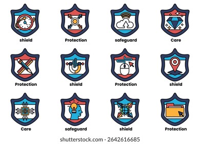 A set of shields with various symbols and words on them. The shields are arranged in a grid, with each one having a different design and wording. The shields are meant to represent different concepts
