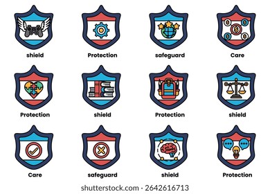 A set of shields with various symbols and words on them. The shields are arranged in a grid, with each one having a different design and message. Scene is one of protection and safety