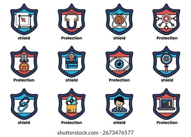 A set of shields with the word protection on them. The shields are in different colors and sizes