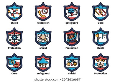 A set of shields with the words protection and shield on them. The shields are in different colors and sizes