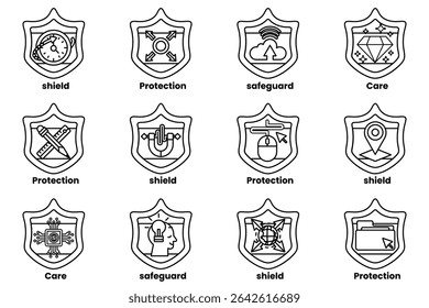 A set of shields with the words protection, shield, and safety written on them. The shields are arranged in a grid pattern