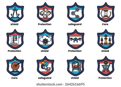 A set of shields with the words protection, shield, and care written on them. The shields are arranged in a grid pattern