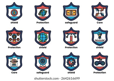 A set of shields with the words protection, shield, and protection written on them. The shields are in different colors and sizes, and they all have a similar design