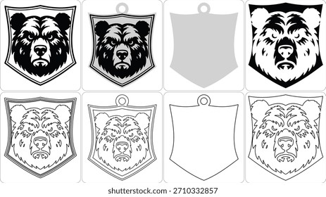 Un conjunto de Anuncios en forma de escudo con ilustraciones detalladas de cabeza de oso y Plantillas en blanco para el diseño.